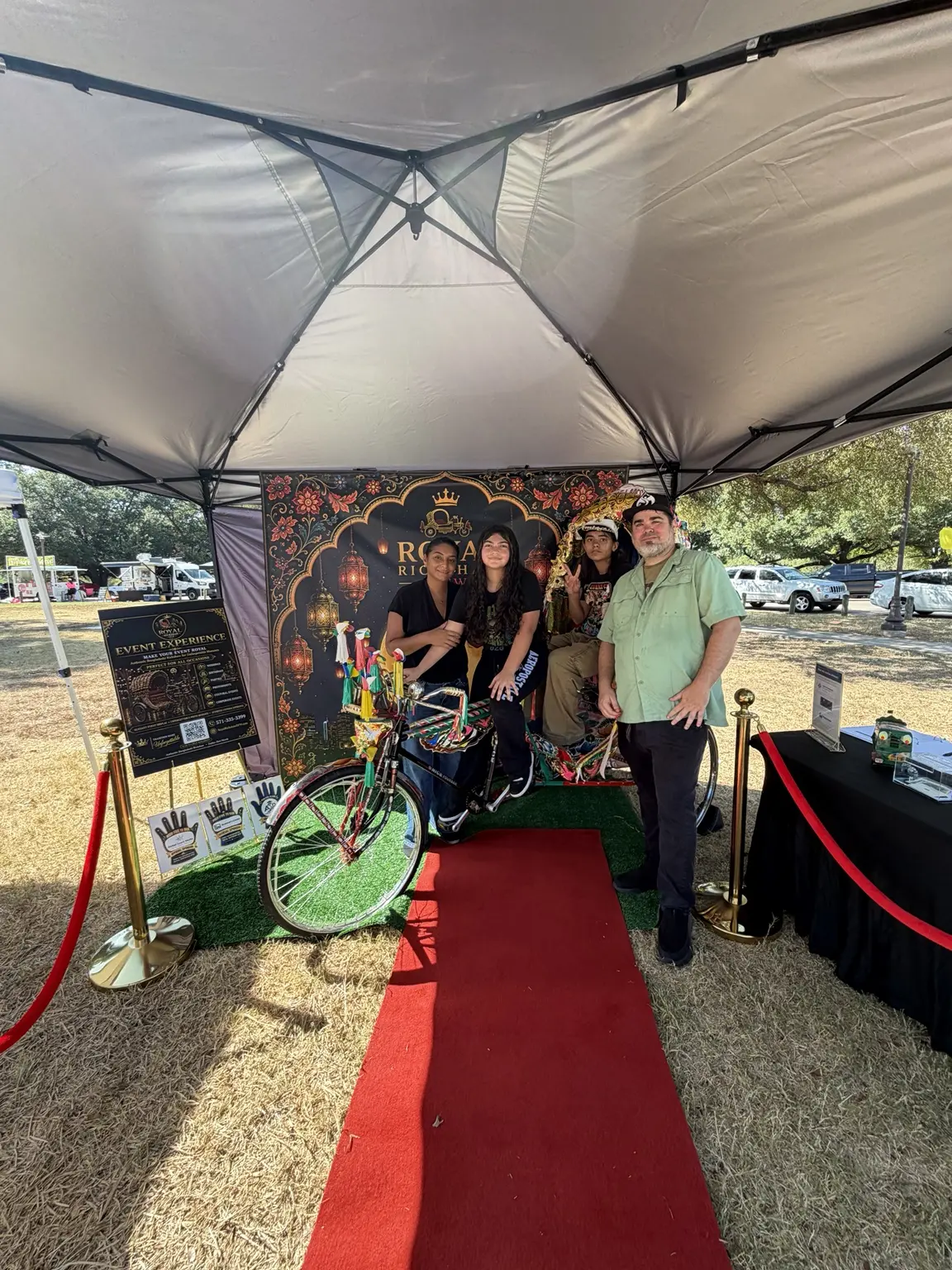 Family posing together with Royal Rickshaw DFW at Dallas Moon Festival