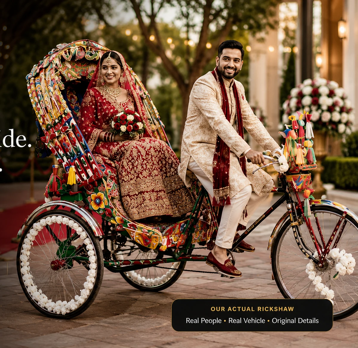 Elegant wedding celebration with a decorated rickshaw