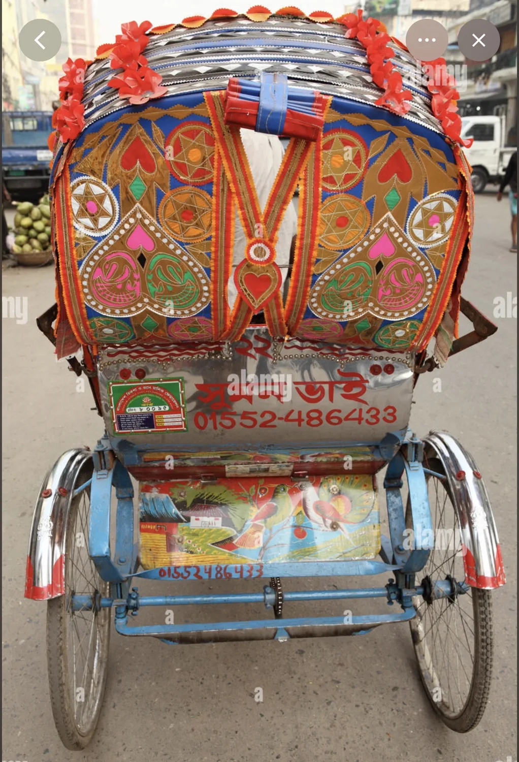 Reference image showing ornate textile and painted decoration on a rickshaw