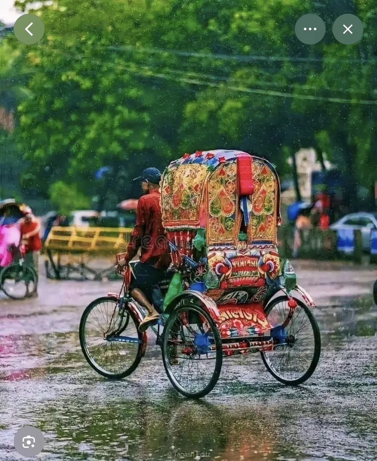 Reference image of a colorful rickshaw traveling on a wet road