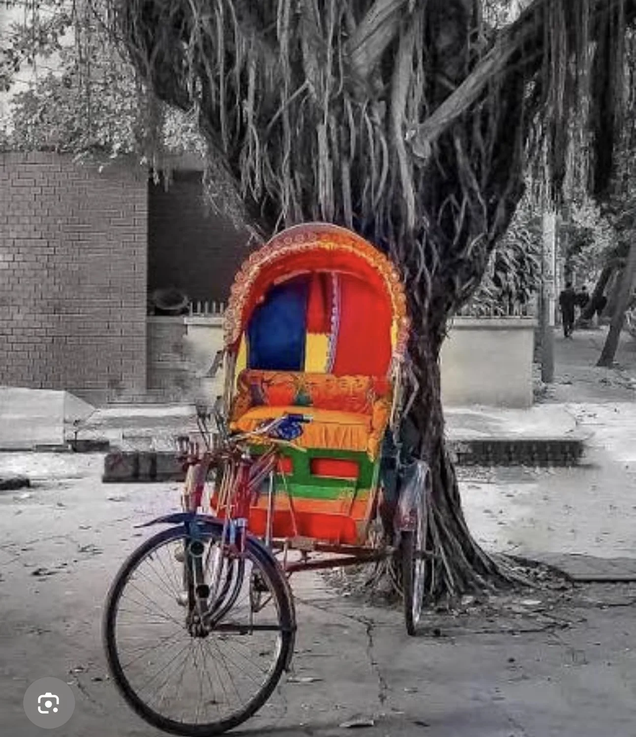 Reference image of a bright rickshaw standing out against a muted background